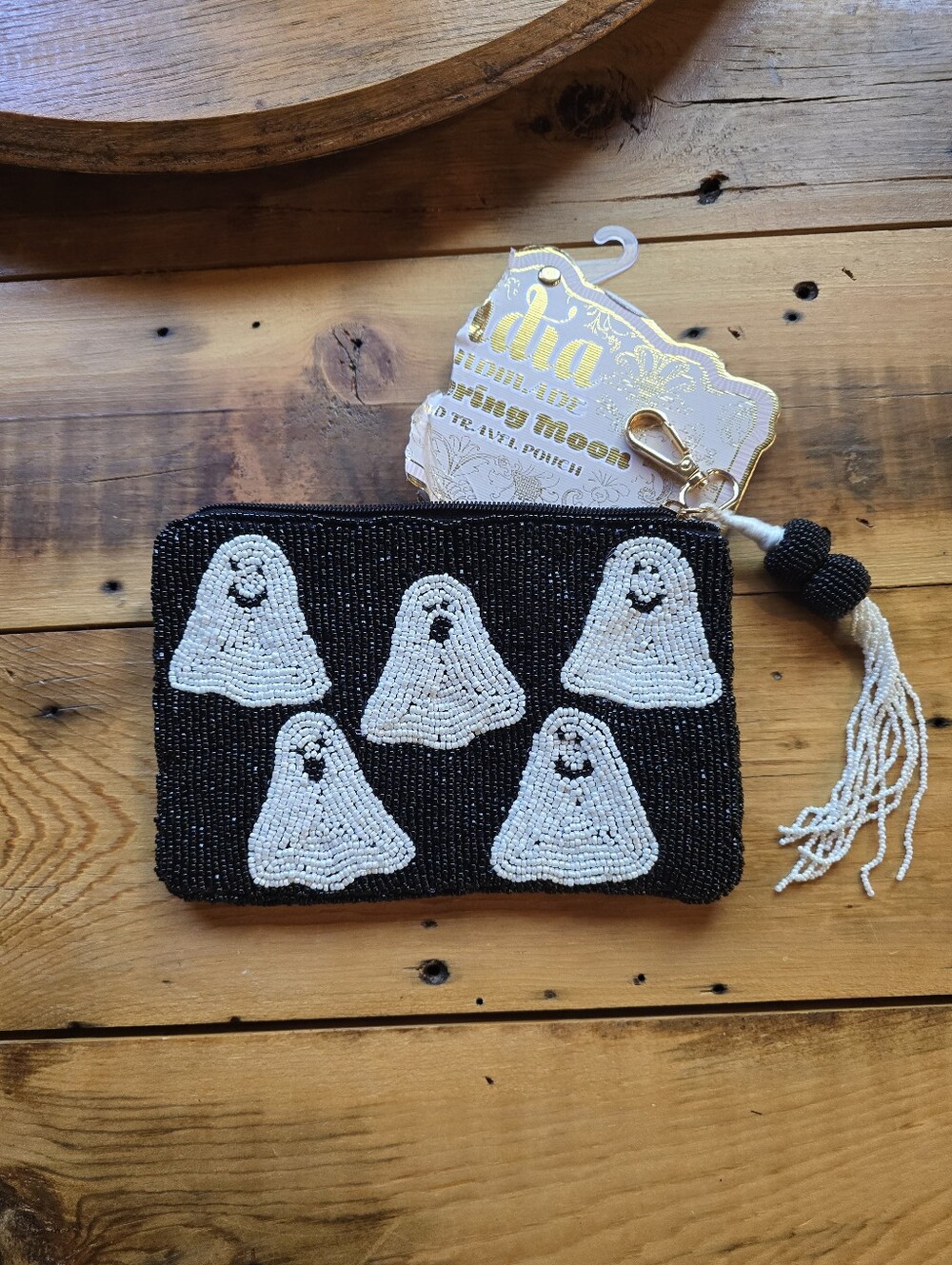 Wandering Moon Ghost Beaded Travel Pouch Black White Halloween Bag NWT